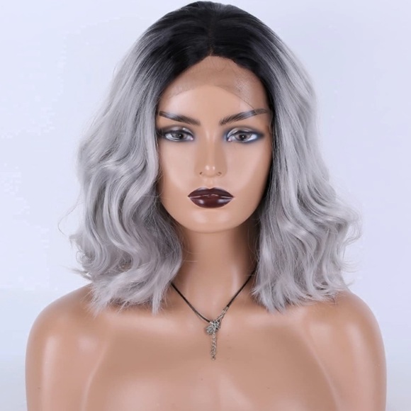 Grey Black Short Bob Natural Wave Wig NEW